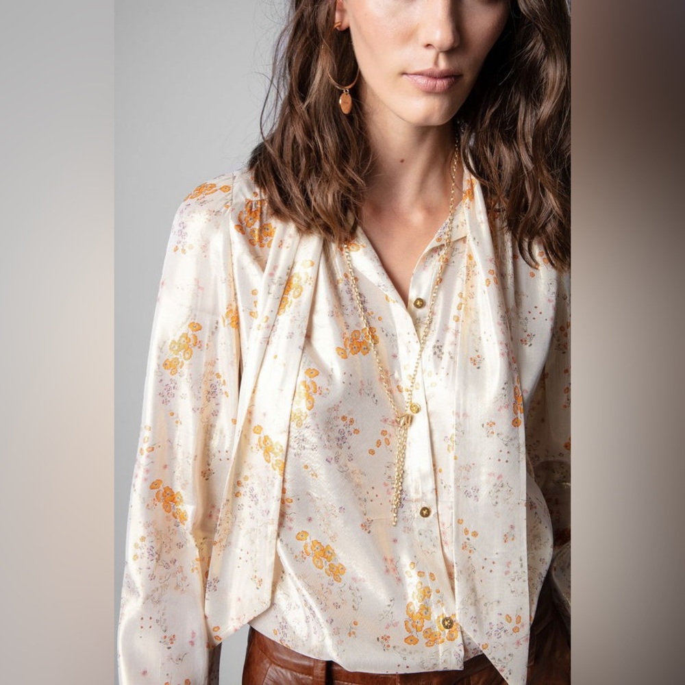 Zadig & Voltaire NWT Tioly Lamé Spark Floral Sheer Blouse XS Metallic Boho Luxe
